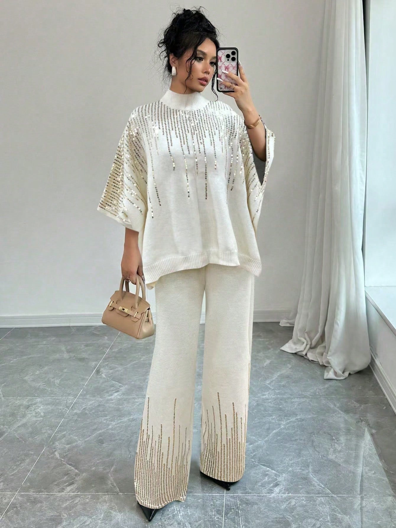 Sequin Patchwork Batwing Sleeve Sweater And Knitted Pants Set