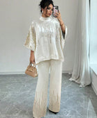 Sequin Patchwork Batwing Sleeve Sweater And Knitted Pants Set