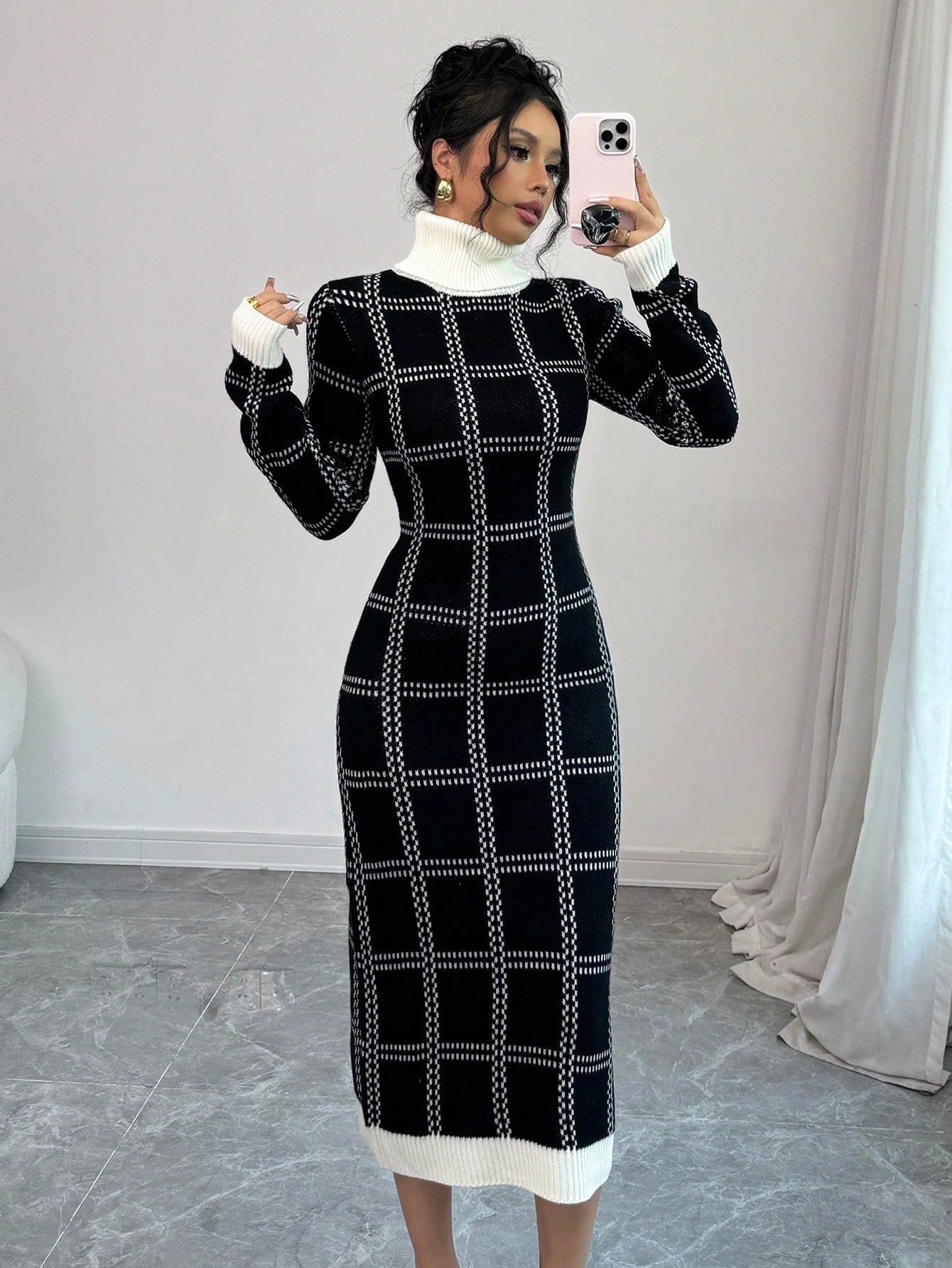 Plaid Fitted Knit Sweater Dress