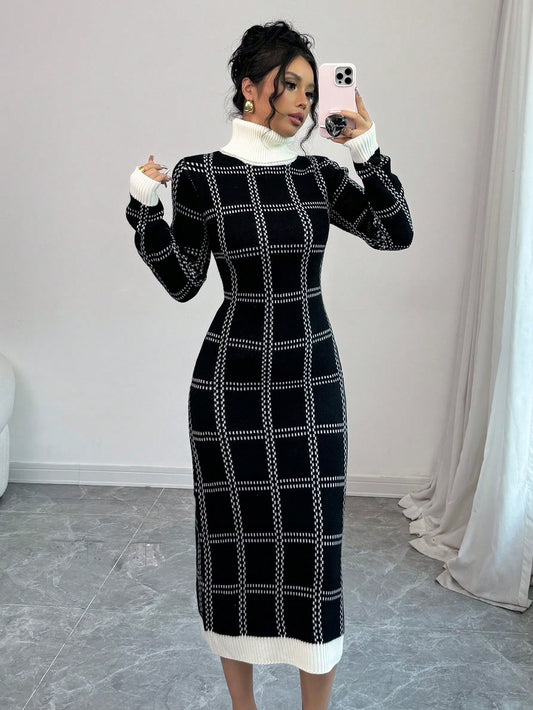 Plaid Fitted Knit Sweater Dress - Body By J'ne