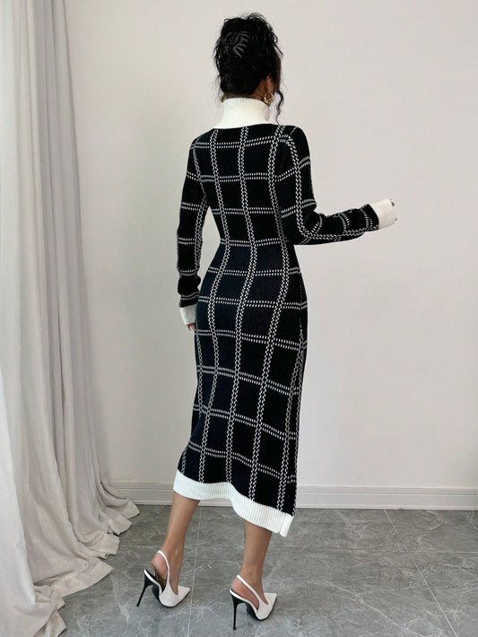 Plaid Fitted Knit Sweater Dress - Body By J'ne