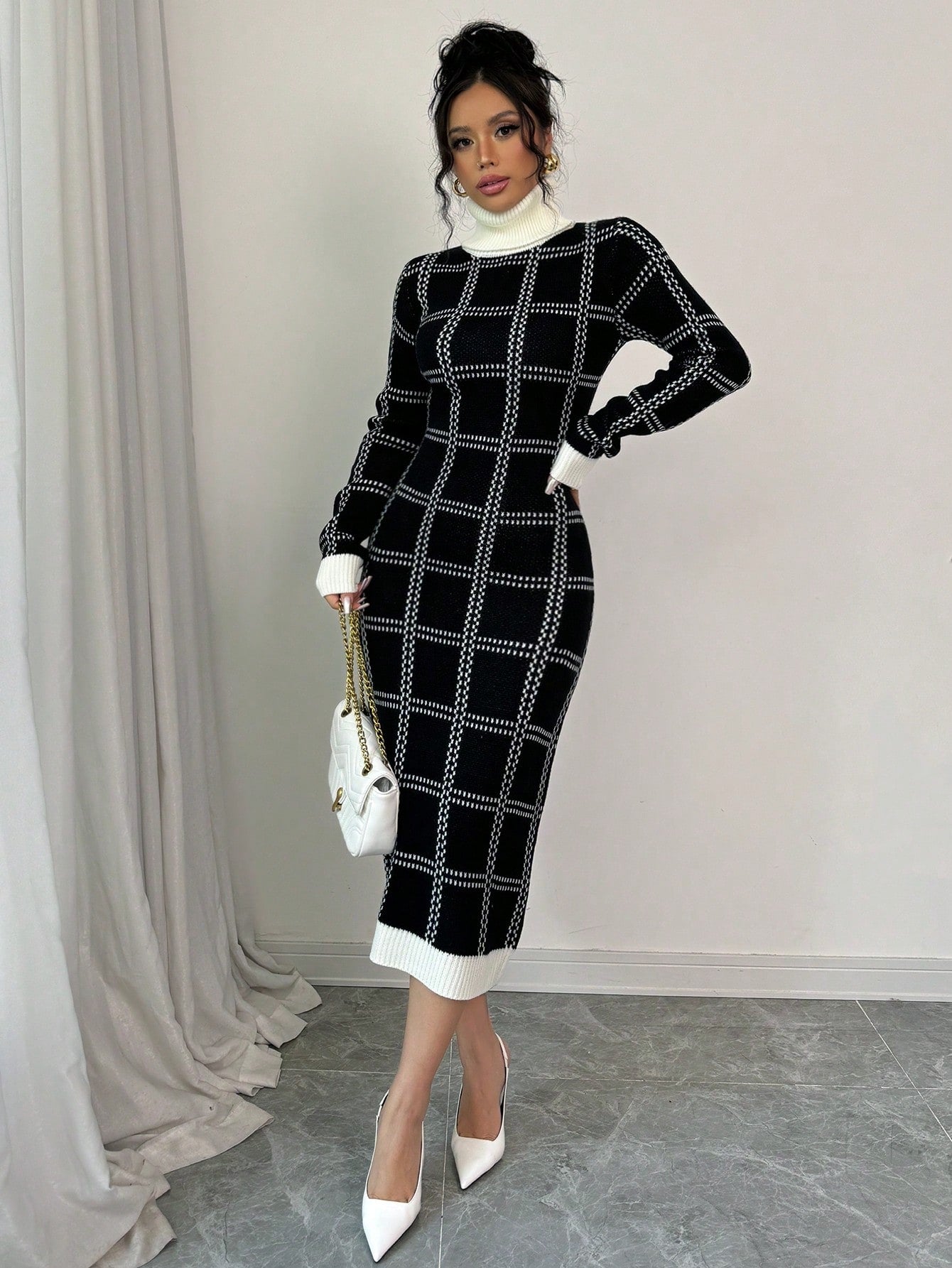 Plaid Fitted Knit Sweater Dress