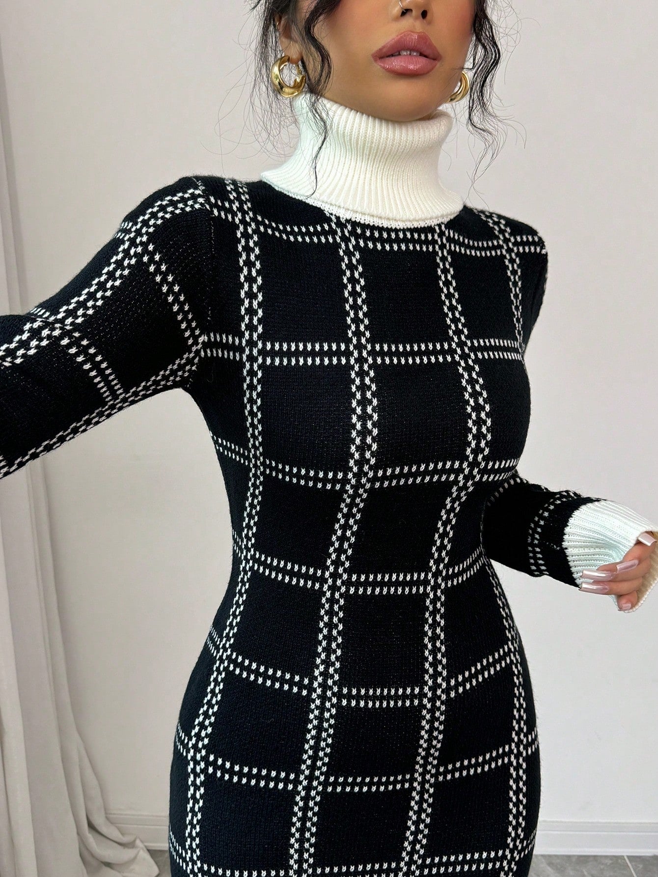 Plaid Fitted Knit Sweater Dress