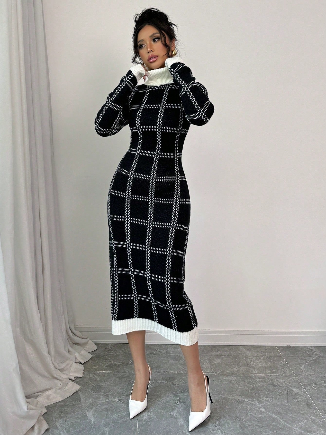 Plaid Fitted Knit Sweater Dress