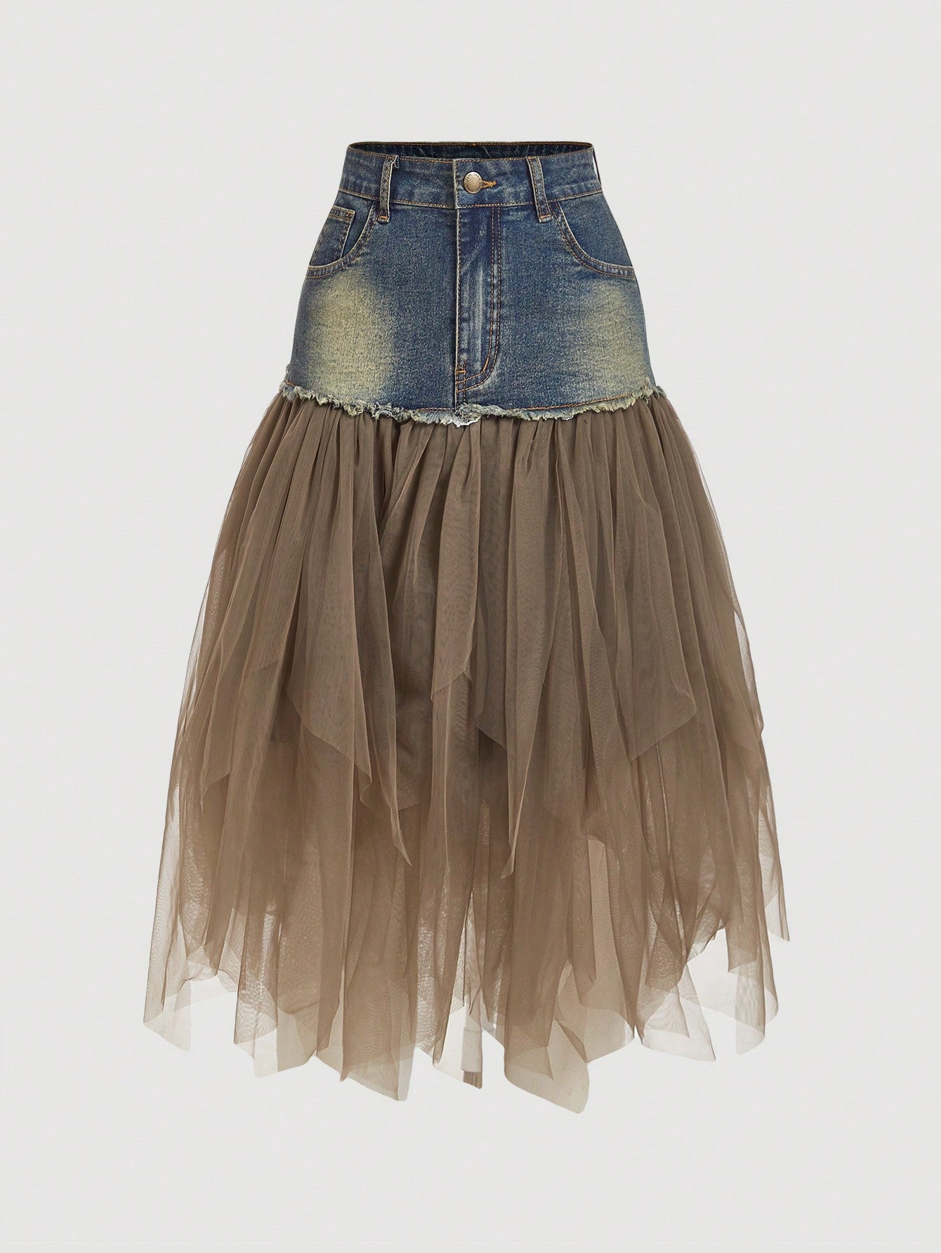 Denim & Mesh Contrast A-Line Brunch Skirt