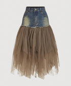 Denim & Mesh Contrast A-Line Brunch Skirt