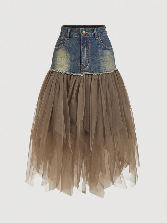 Denim & Mesh Contrast A-Line Brunch Skirt