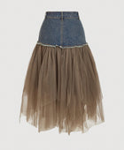 Denim & Mesh Contrast A-Line Brunch Skirt