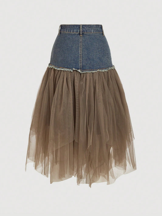 Denim & Mesh Contrast A-Line Brunch Skirt