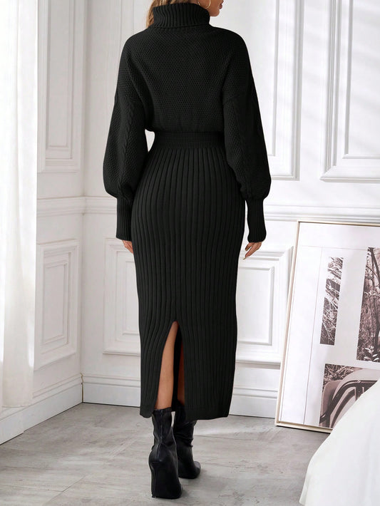 Turtleneck Dress With Cable Pattern