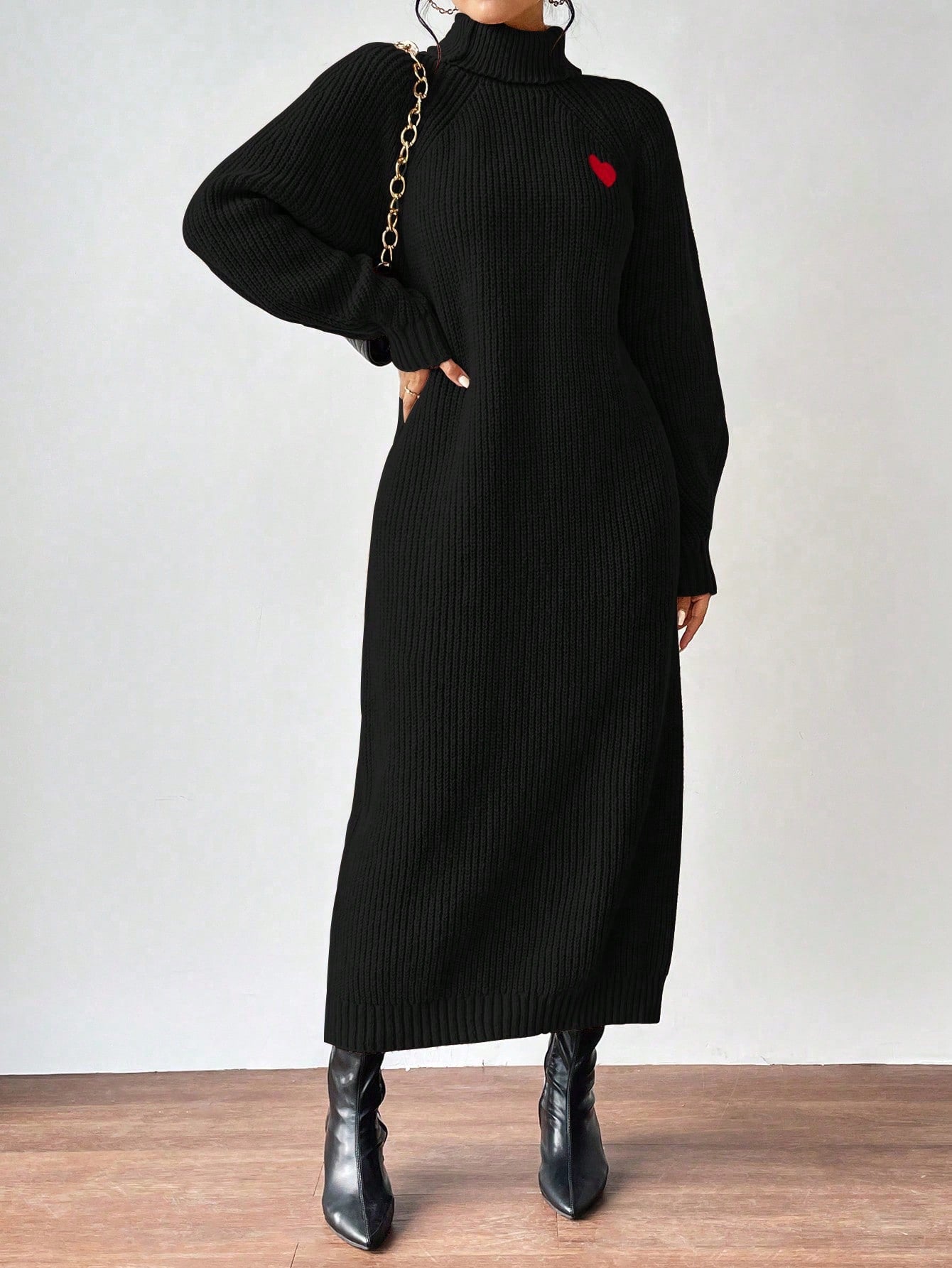 High Neck Raglan Sleeve Sweater Dress