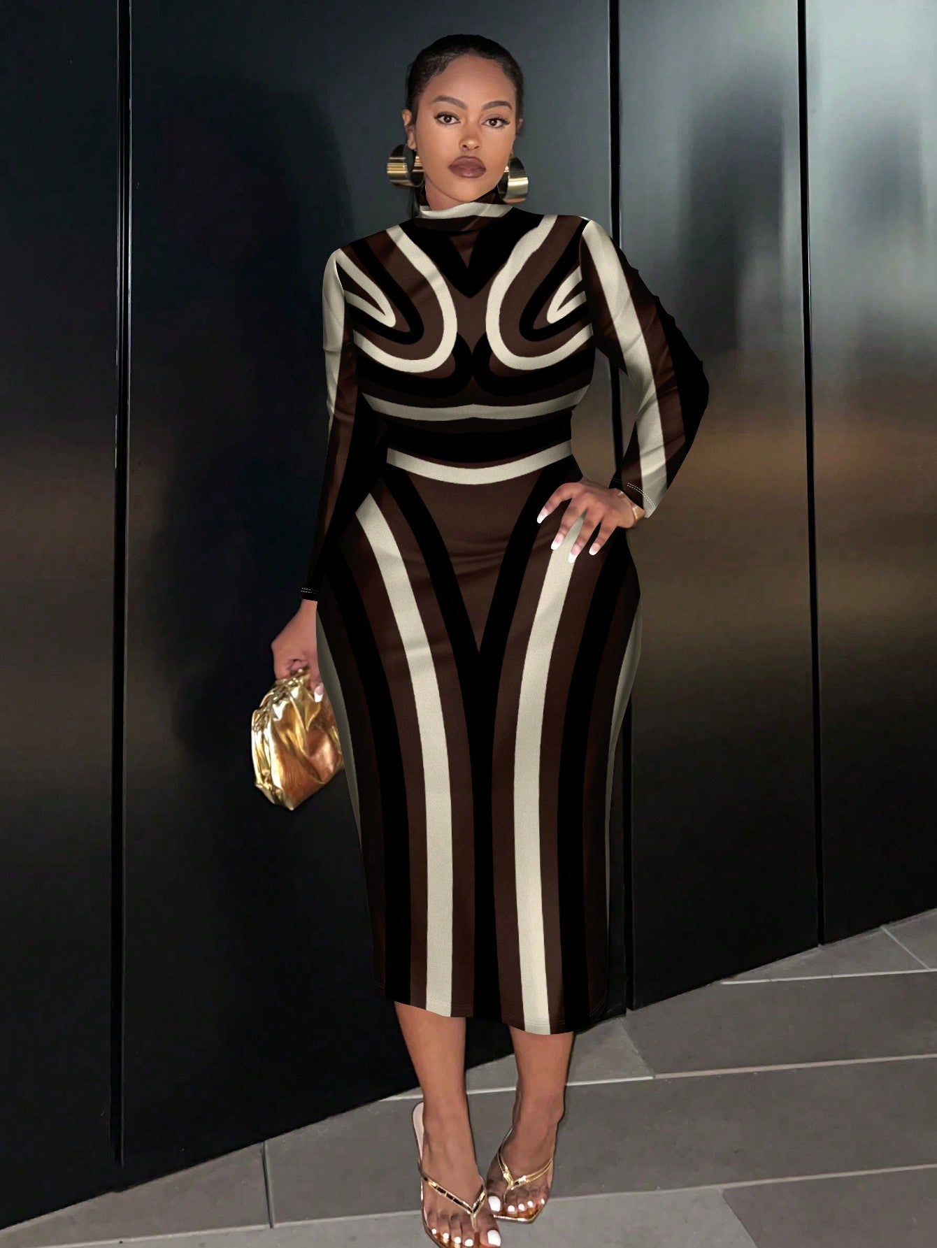 Artistic Print Long Sleeve Bodycon Dress