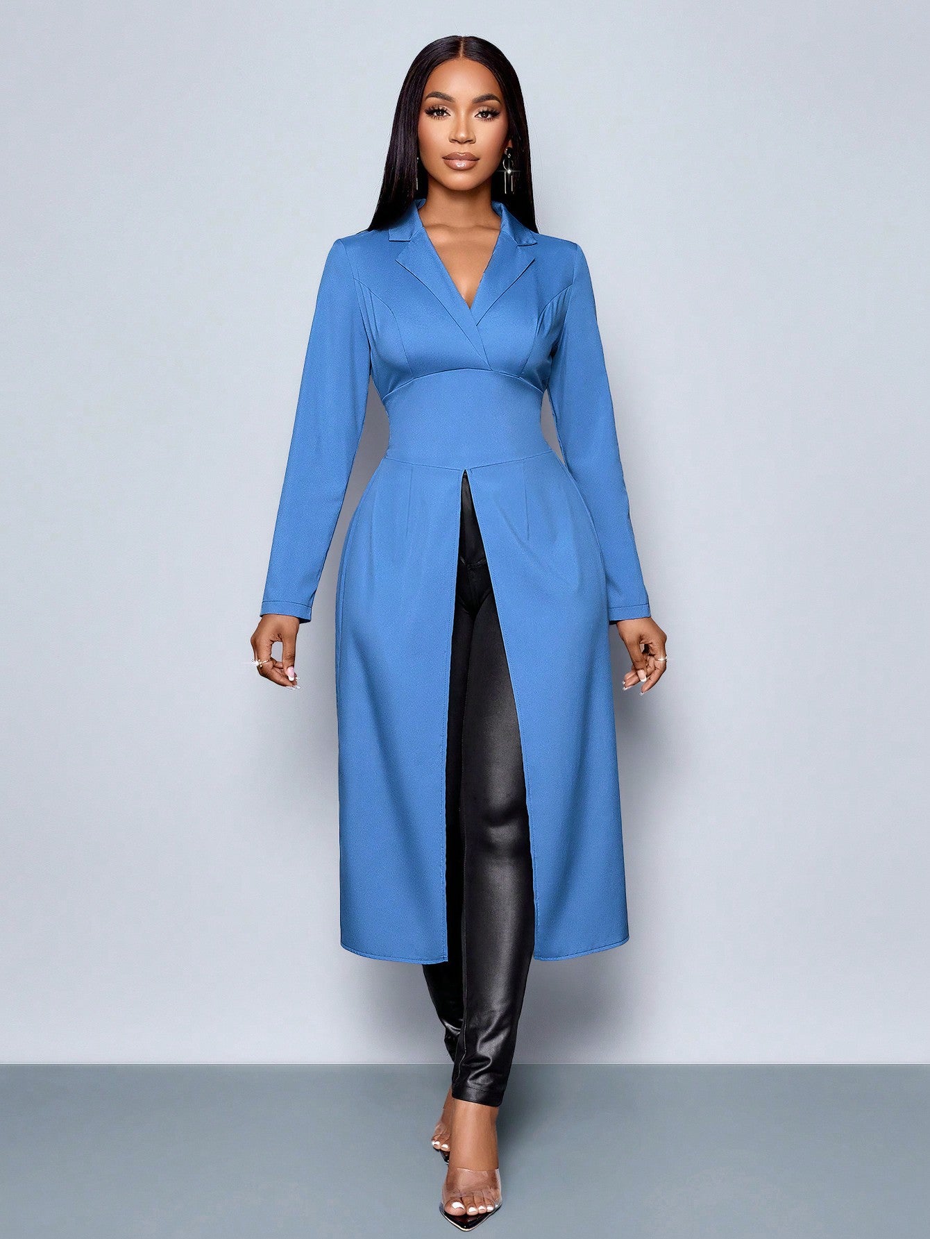 Long Sleeve Blue Color Lapel Neck Top