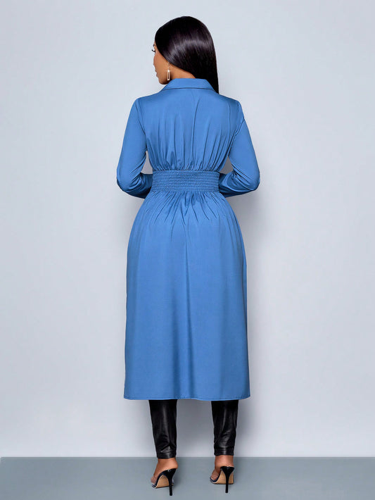 Long Sleeve Blue Color Lapel Neck Top