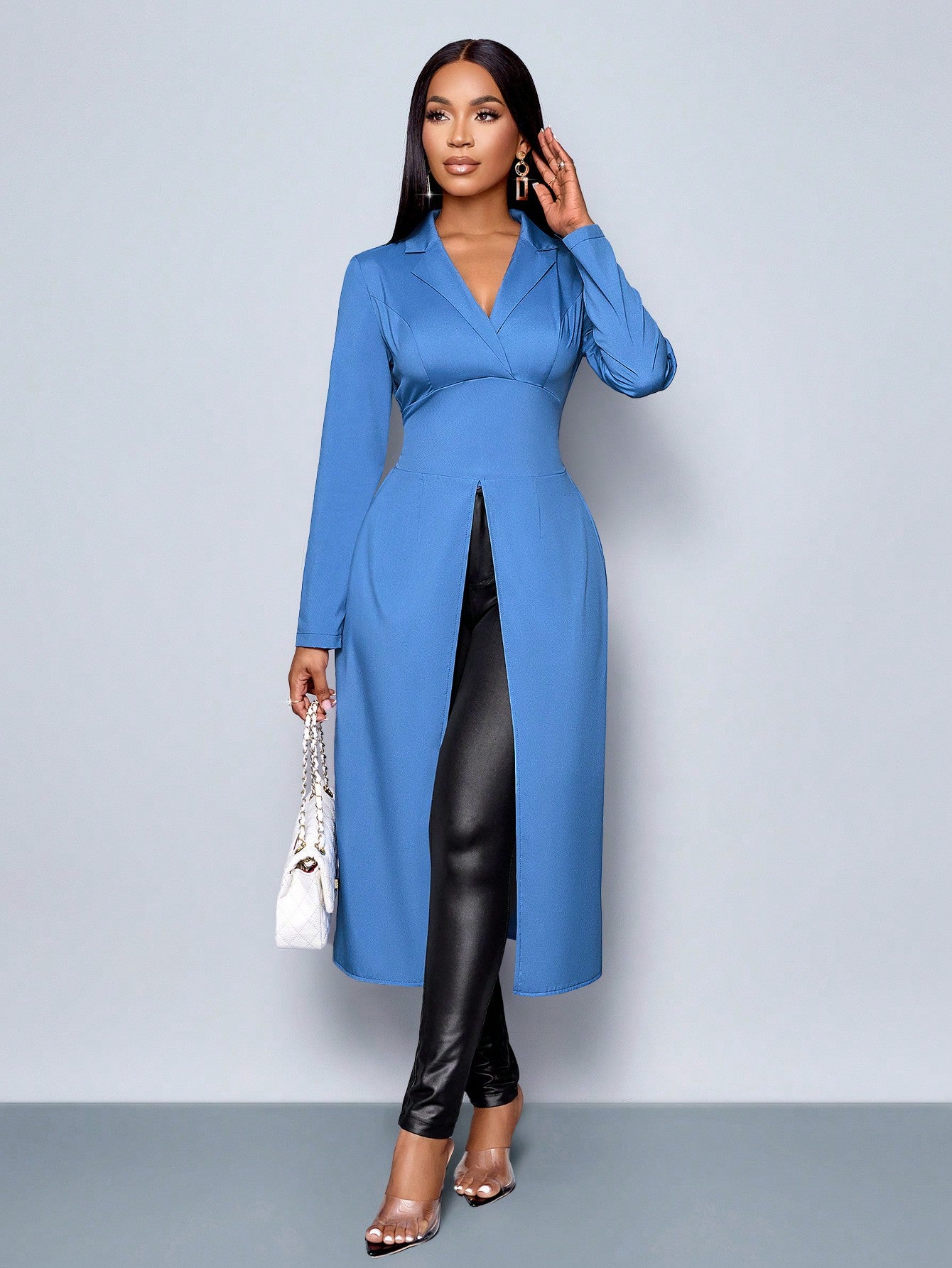 Long Sleeve Blue Color Lapel Neck Top