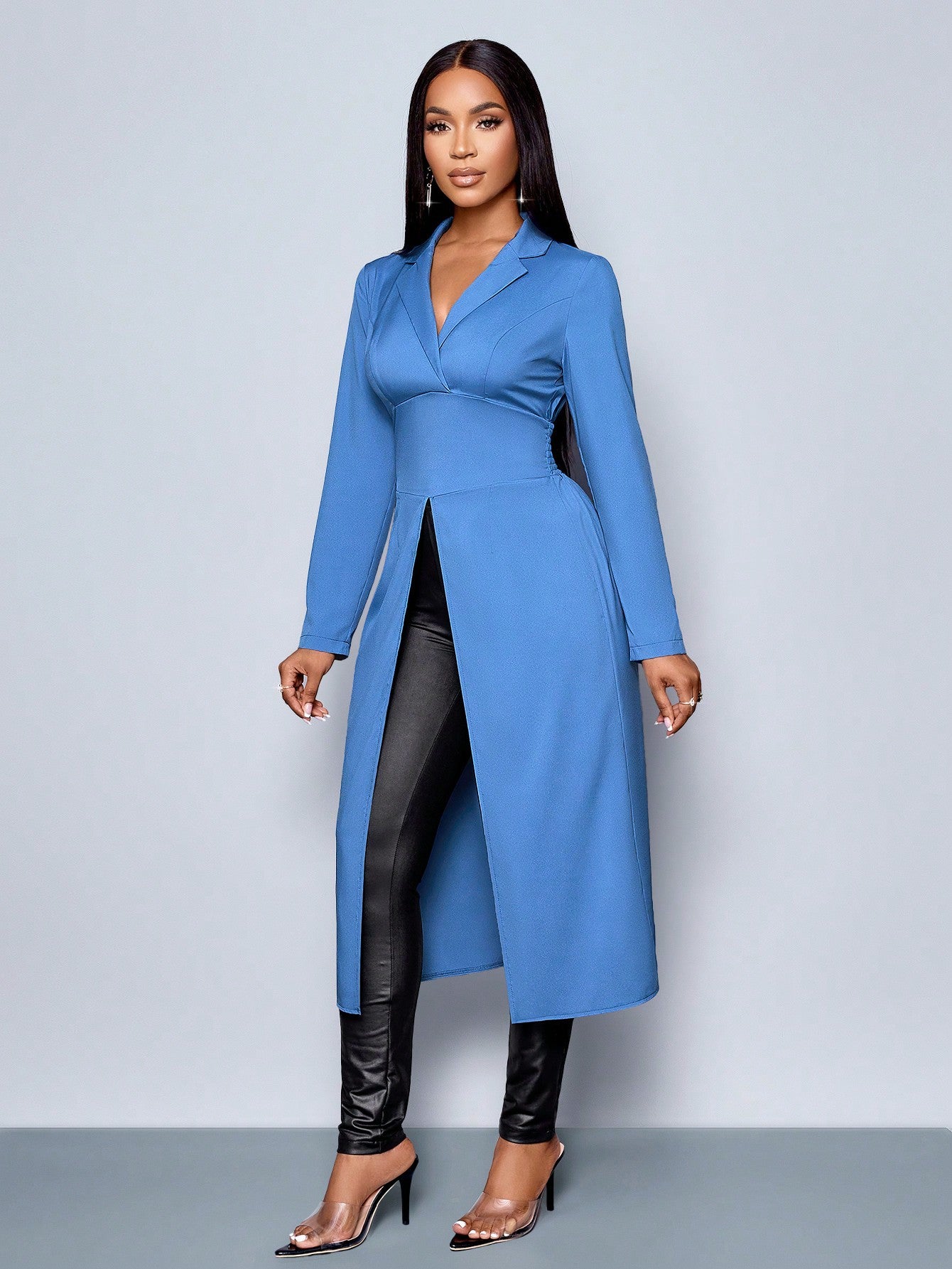 Long Sleeve Blue Color Lapel Neck Top