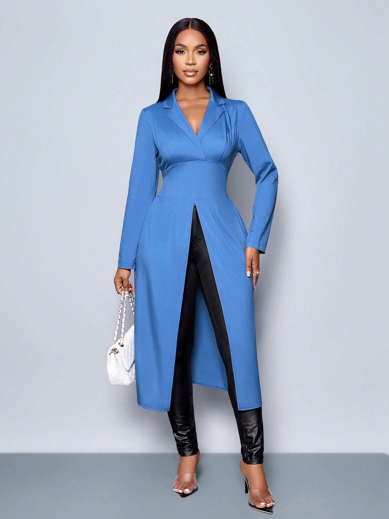 Long Sleeve Blue Color Lapel Neck Top - Body By J'ne