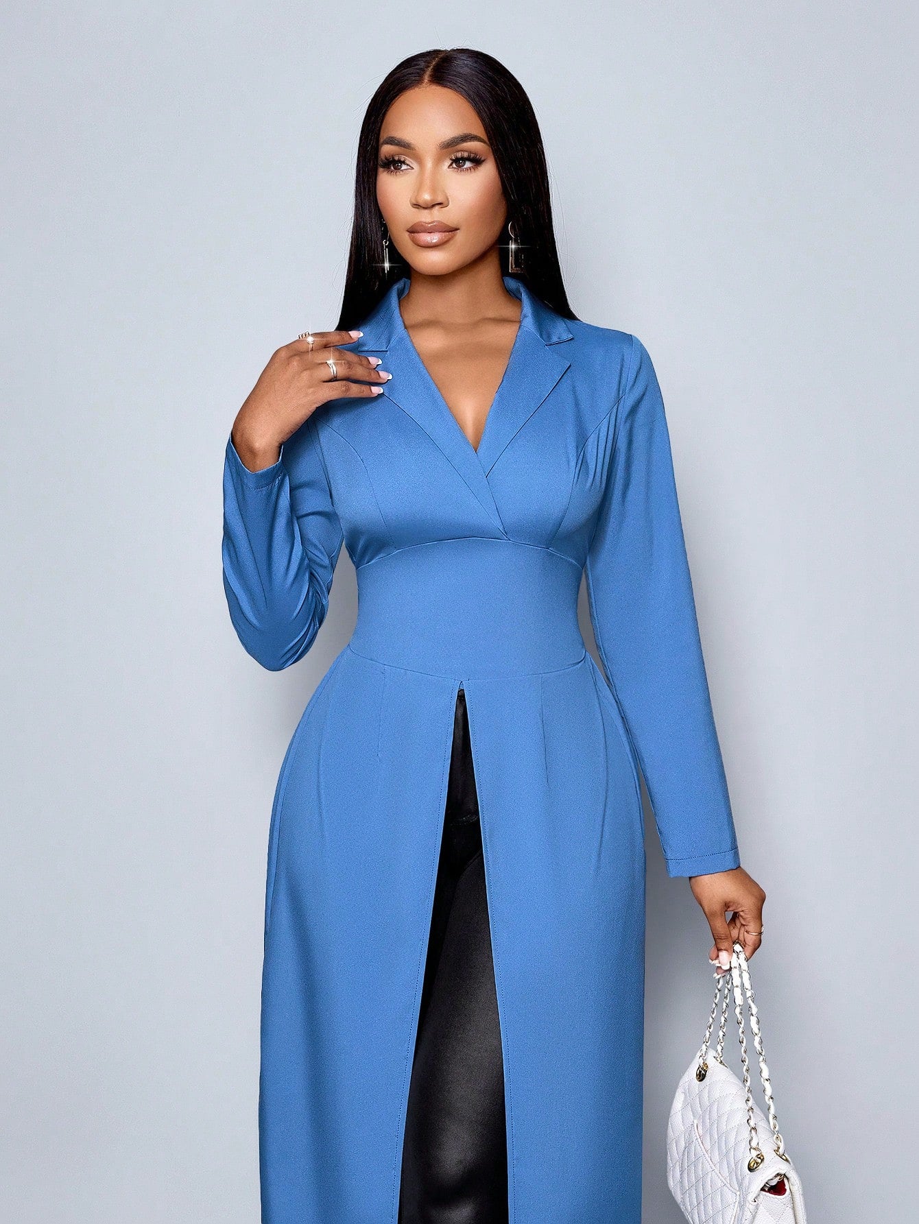 Long Sleeve Blue Color Lapel Neck Top