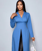 Long Sleeve Blue Color Lapel Neck Top