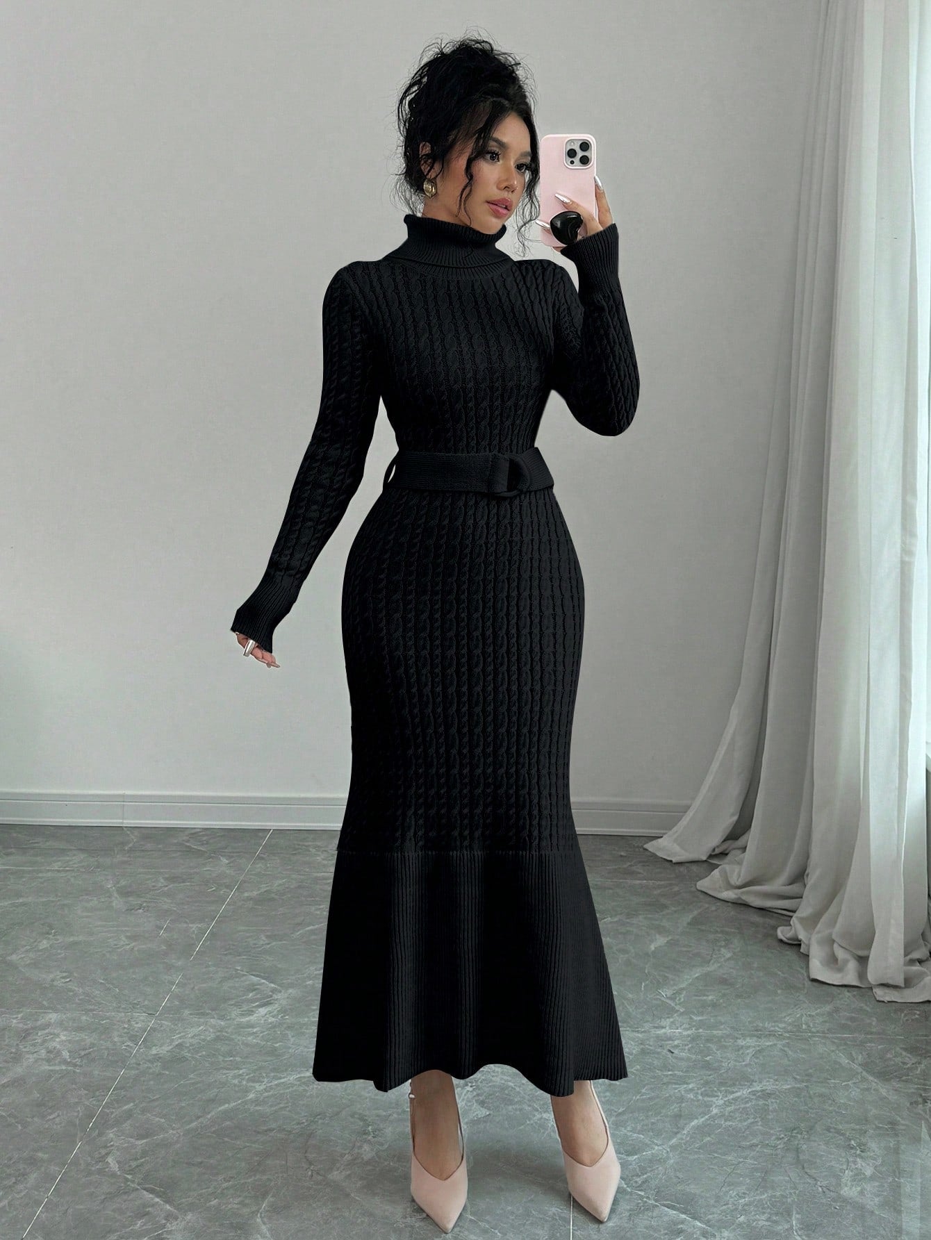 High Collar Belted Sweater Dress Body By J'ne High Collar Belted Sweater Dress Body By J'ne