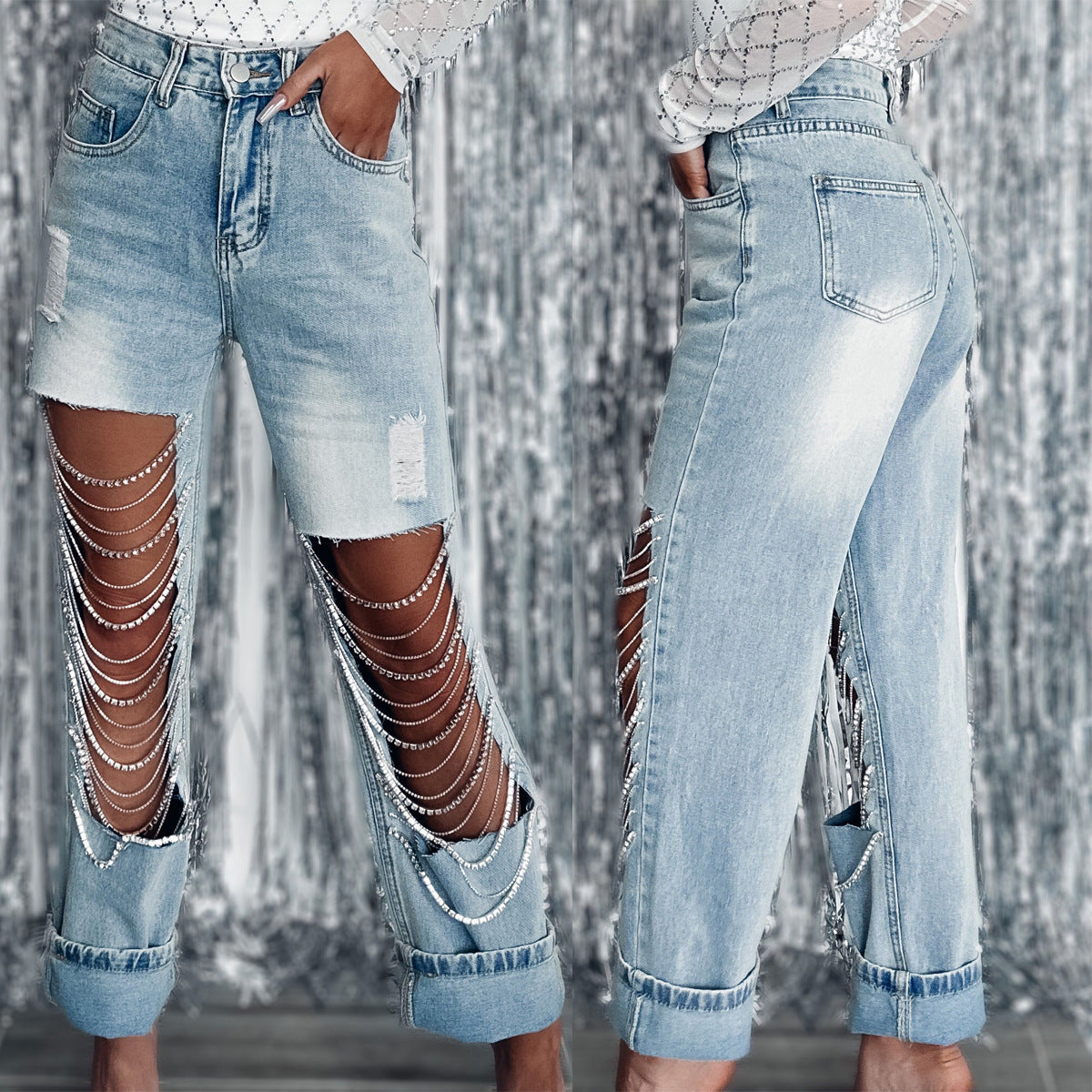 Ripped Chain Ornament Straight-leg Pants - Body By J'ne