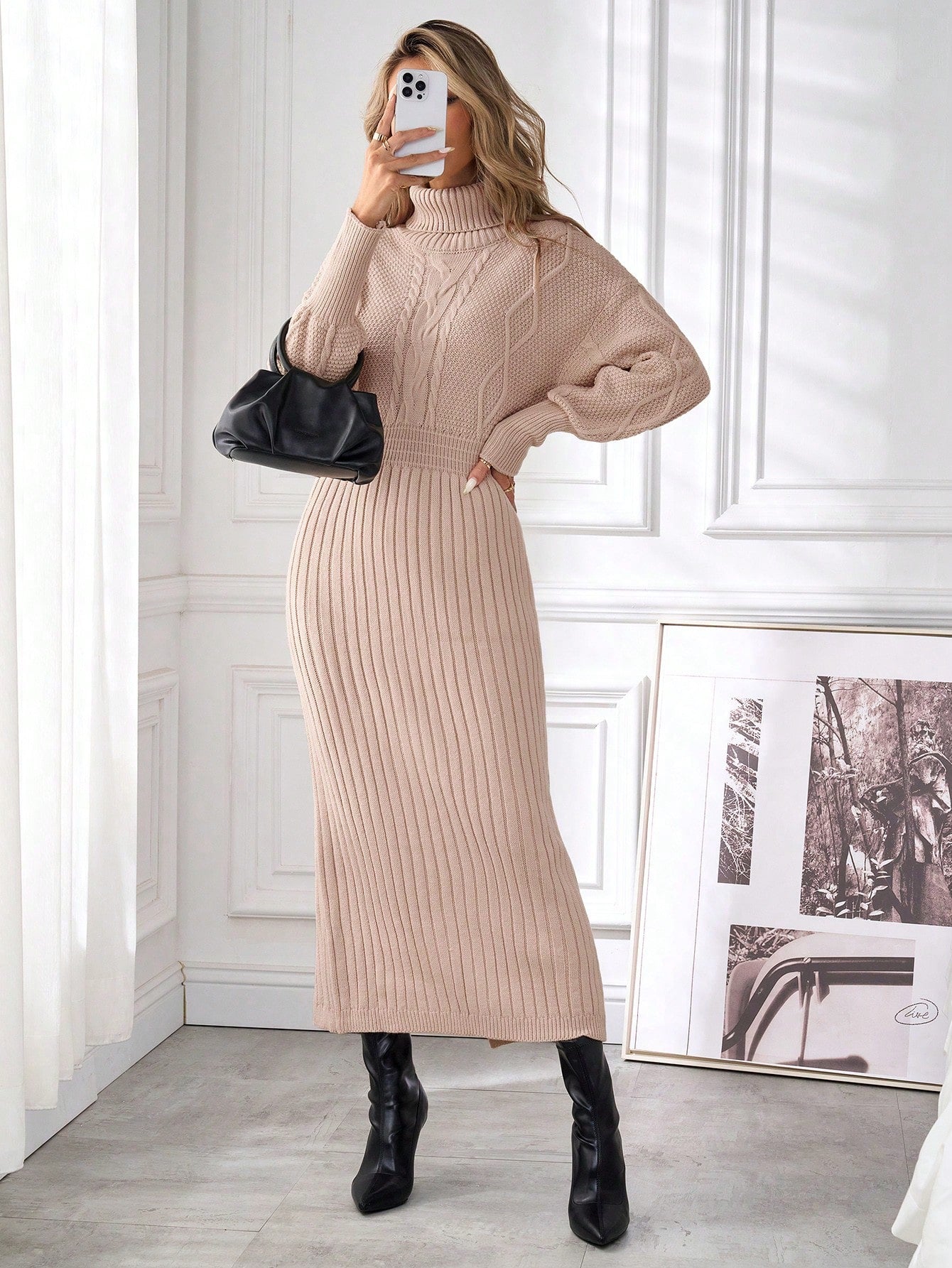 Turtleneck Dress With Cable Pattern