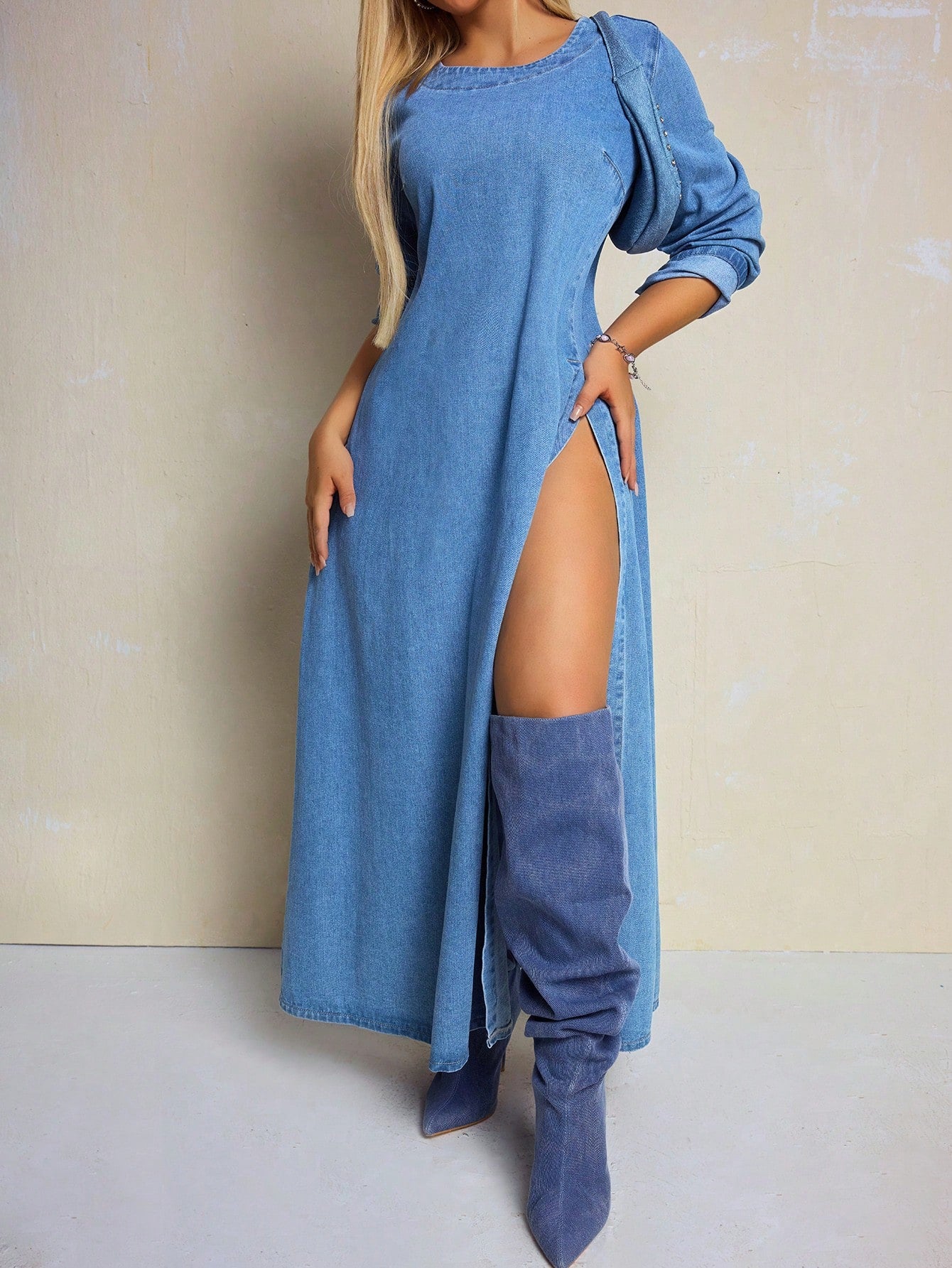 Round Neck Side Slit Denim Dress - Body By J'ne