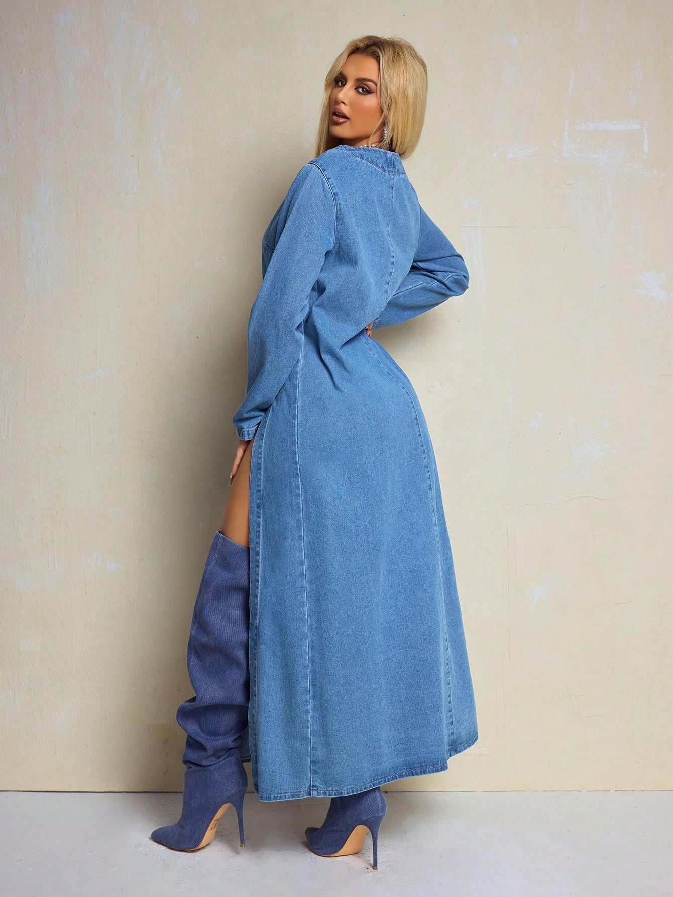 Round Neck Side Slit Denim Dress