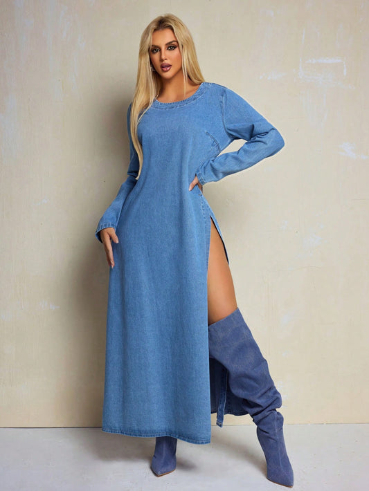 Round Neck Side Slit Denim Dress - Body By J'ne