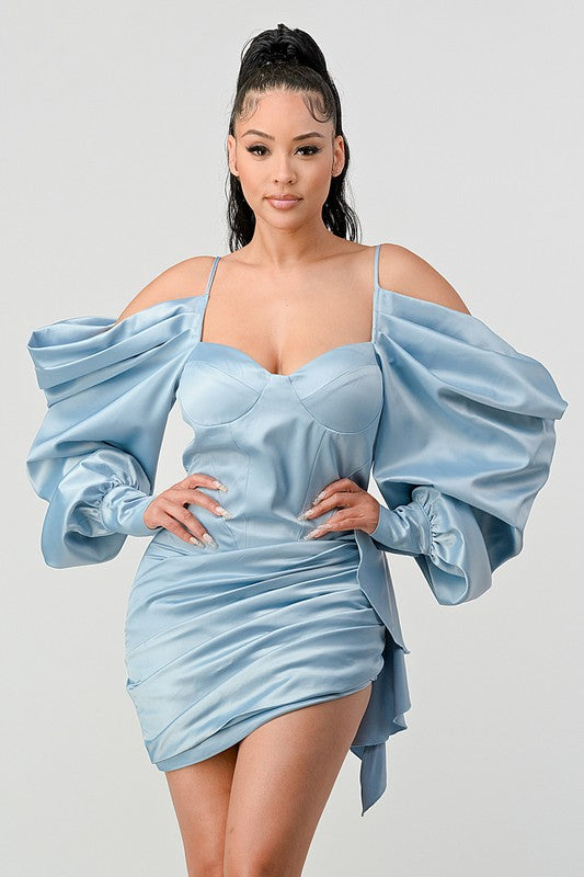 Elegant Puff Shoulder Satin Mini Dress - Body By J'ne