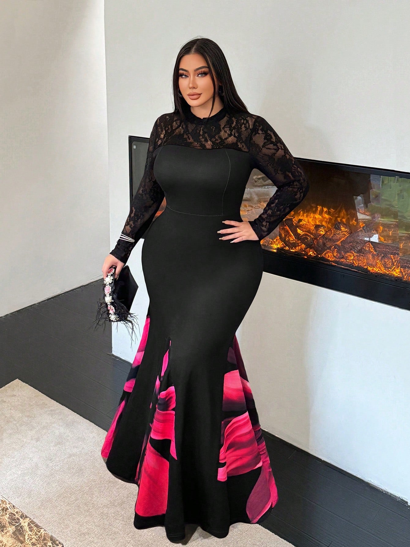 Floral Print Lace Maxi Dress - Body By J'ne