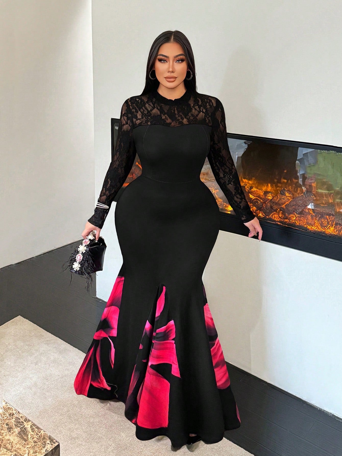 Floral Print Lace Maxi Dress - Body By J'ne