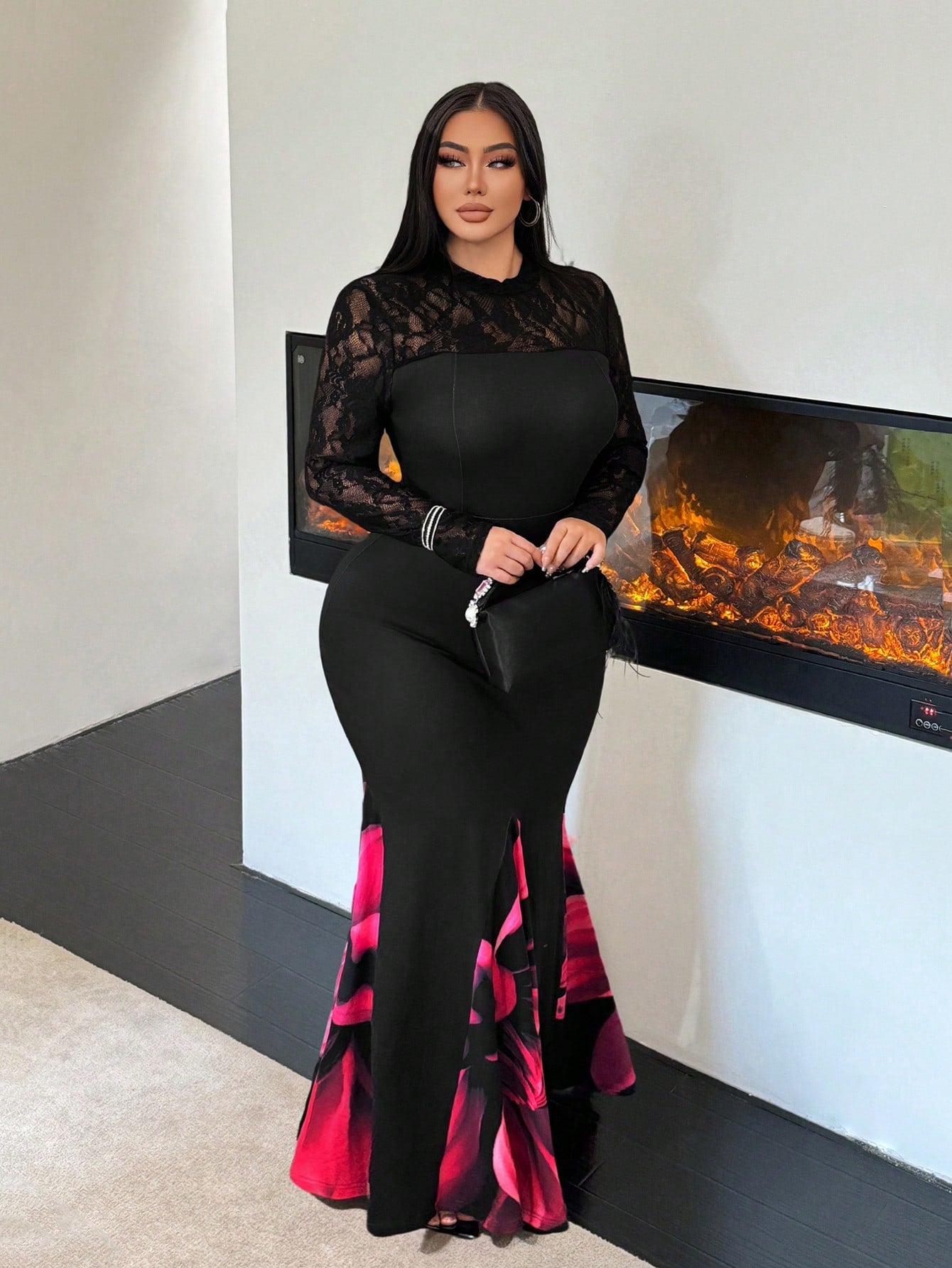 Floral Print Lace Maxi Dress - Body By J'ne