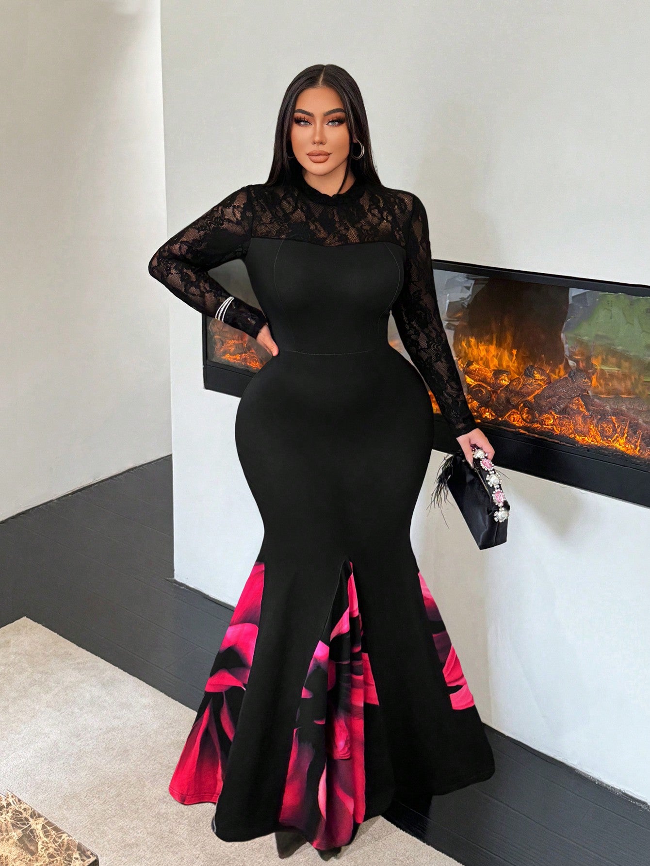 Floral Print Lace Maxi Dress - Body By J'ne