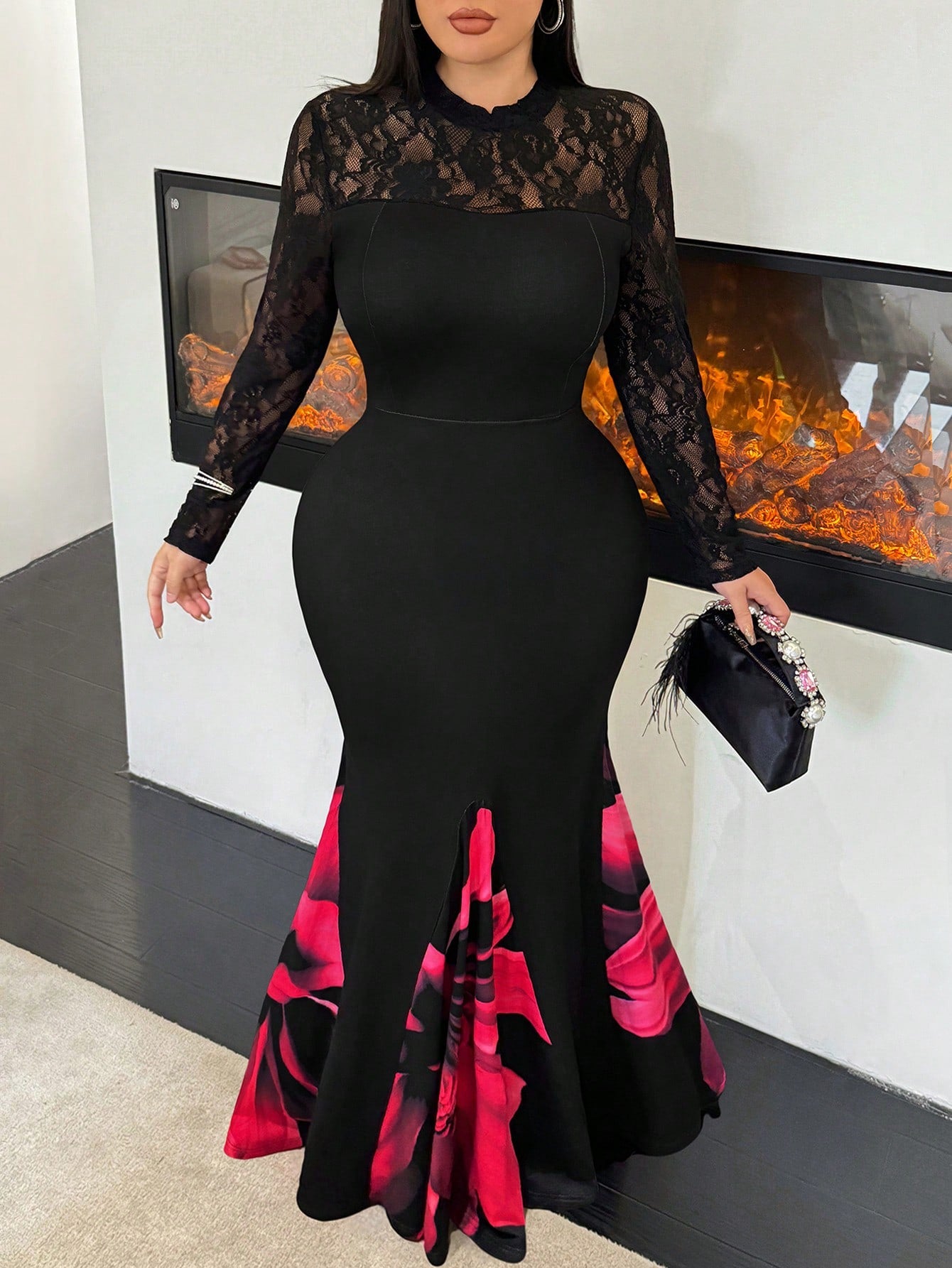 Floral Print Lace Maxi Dress - Body By J'ne