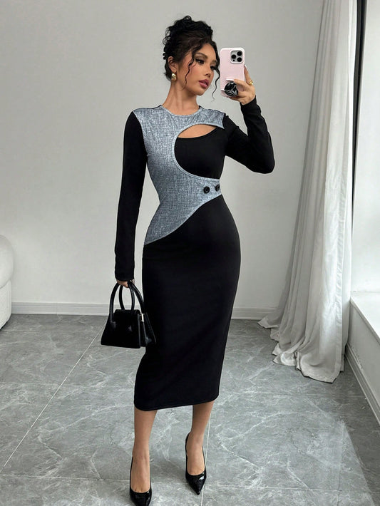 Hollow-Out Long Sleeve Midi Dress - Body By J'ne