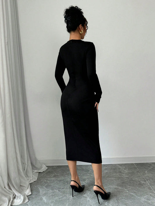 Hollow-Out Long Sleeve Midi Dress