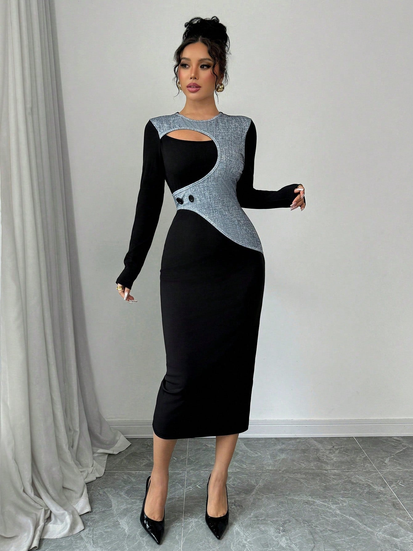 Hollow-Out Long Sleeve Midi Dress