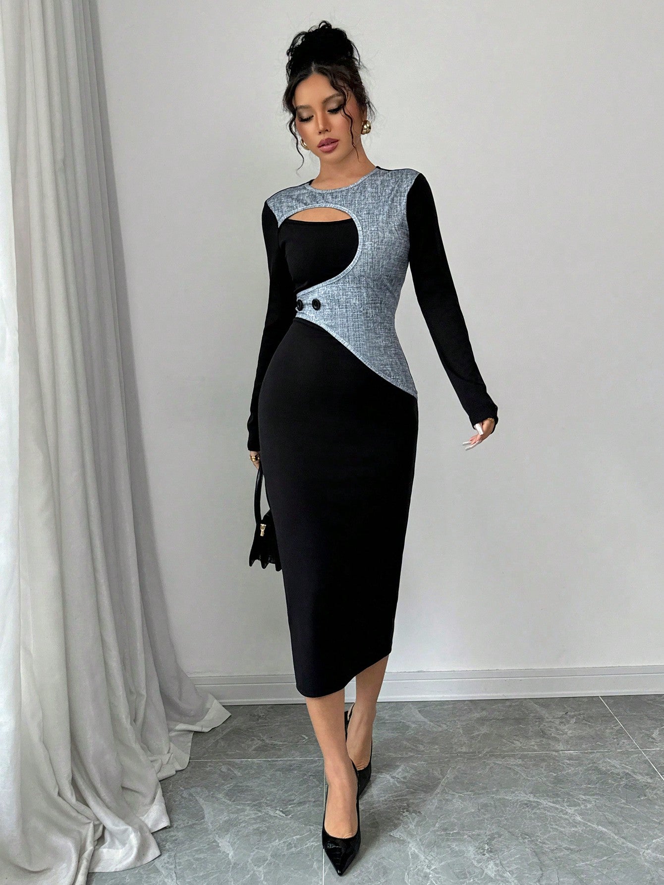 Hollow-Out Long Sleeve Midi Dress