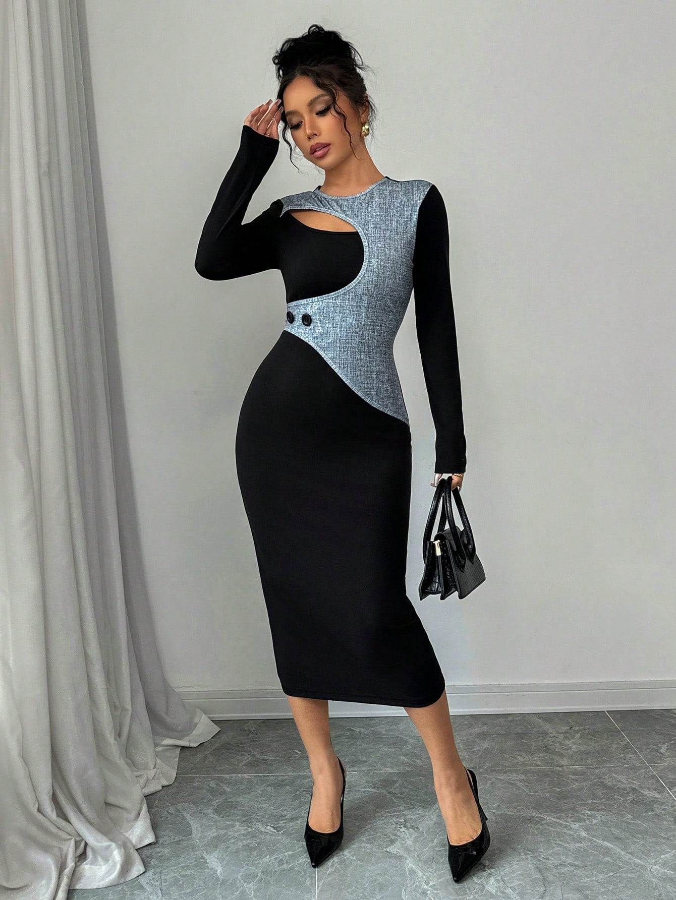 Hollow-Out Long Sleeve Midi Dress - Body By J'ne