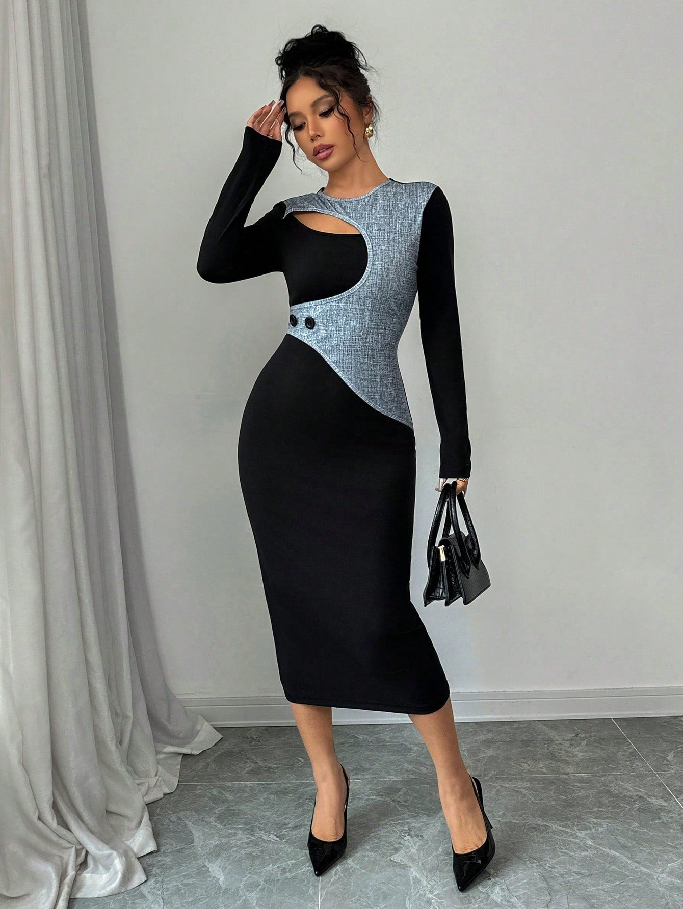 Hollow-Out Long Sleeve Midi Dress