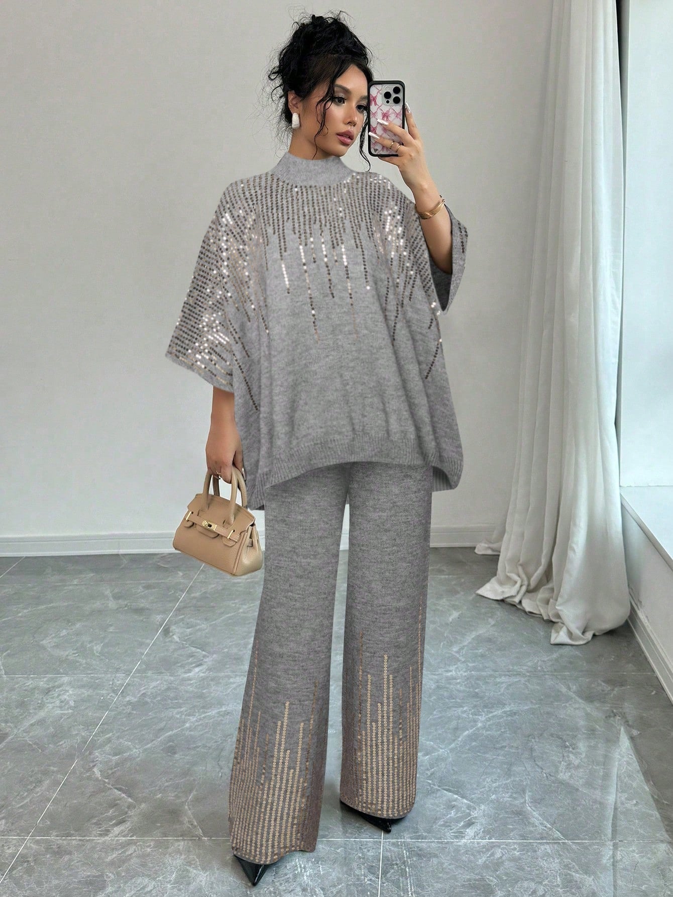Sequin Patchwork Batwing Sleeve Sweater And Knitted Pants Set - Body By J'ne