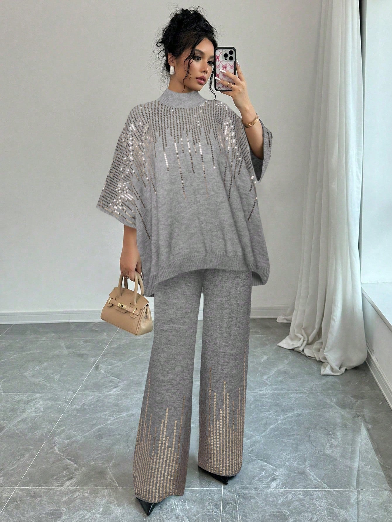 Sequin Patchwork Batwing Sleeve Sweater And Knitted Pants Set