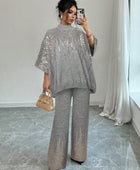 Sequin Patchwork Batwing Sleeve Sweater And Knitted Pants Set