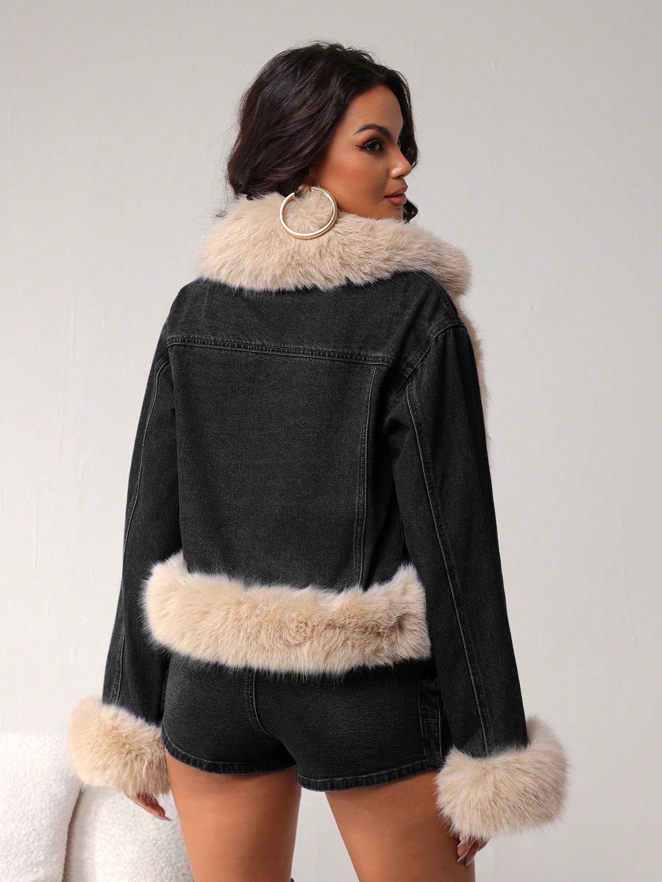 Patchwork Furry Trim Denim Jacket