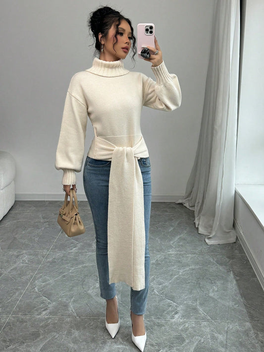 High Neck Bow Tie  Pullover Sweater