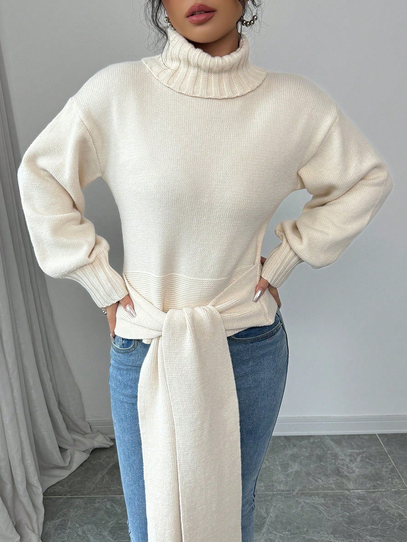 High Neck Bow Tie  Pullover Sweater