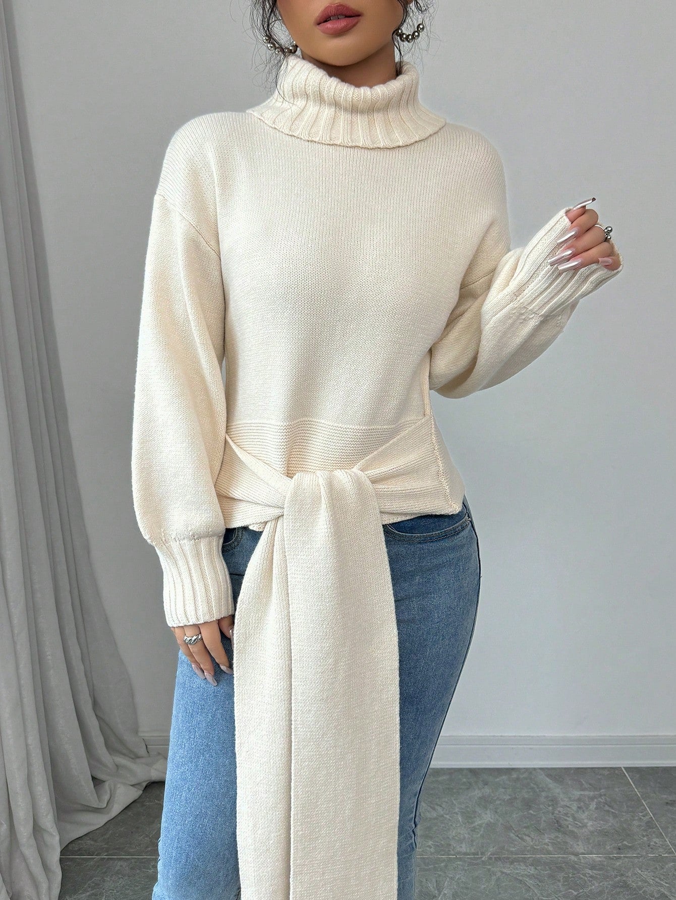 High Neck Bow Tie  Pullover Sweater