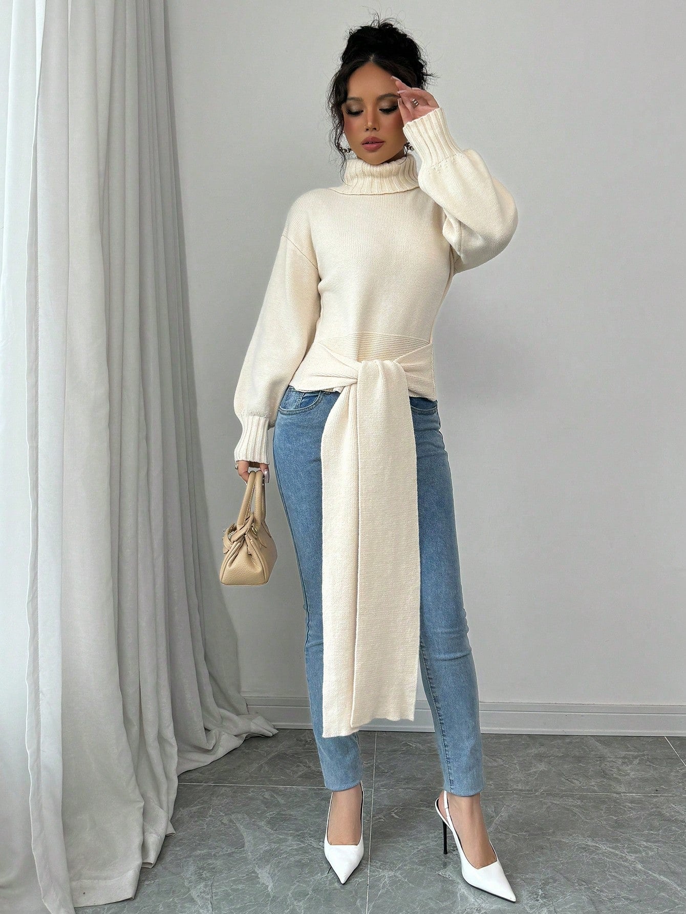 High Neck Bow Tie  Pullover Sweater - Body By J'ne