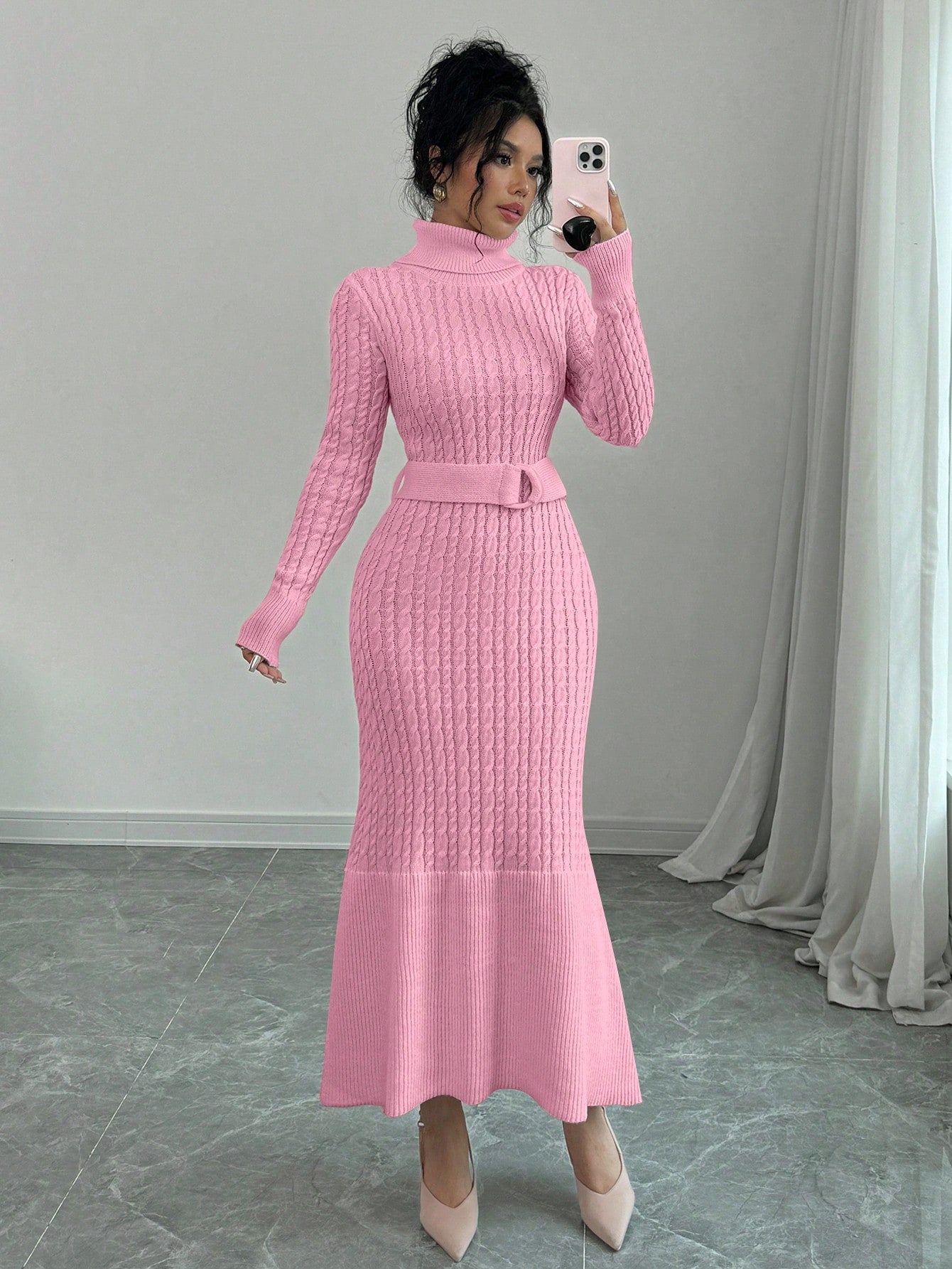 High Collar Belted Sweater Dress